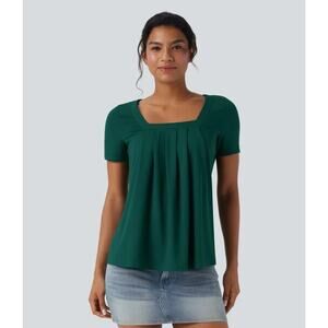 Halara Top Womens Medium Green Square Neck Short Sleeve Stretch Flowy Comfort